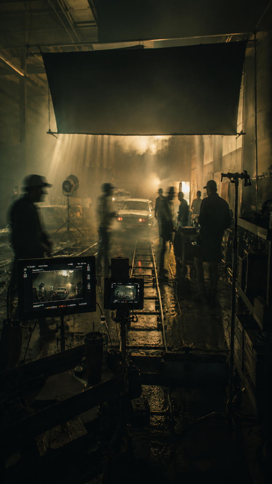 Smoky film set viewed from behind the camera with motion-blurred crew figures